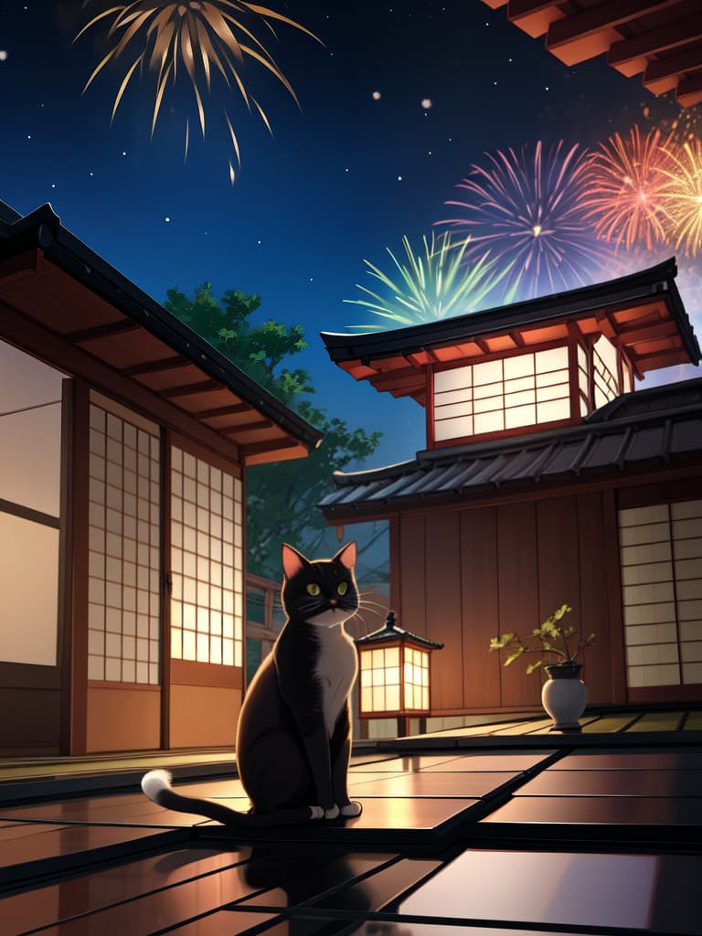  1cat,small cat ,japanese cat ,sit and look up，japanese house roof ,sit on a tiled roof,fireworks,midnight,