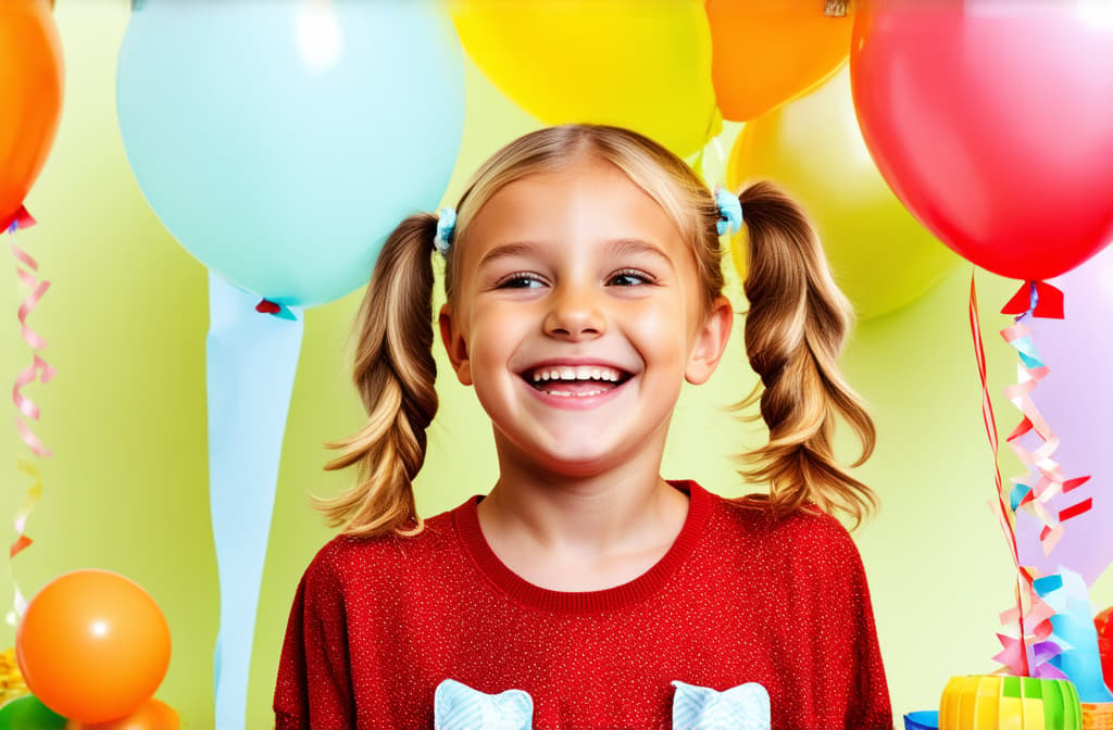  professional detailed photography, illustration of happy girl with two pigtails smiling and looking at balloons during birthday party ar 3:2, (muted colors, dim colors, soothing tones), (vsco:0.3)