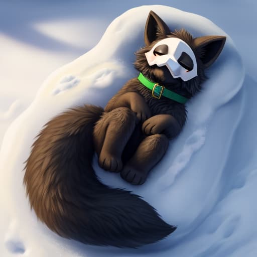  Puro, Brown fur, anthro, fur, fluffy, big tail, fluffy tail, lying, snow background, snow on fur, dirty fur, green collar, cute, sleeping, open eyes, digital art, masterpiece, 4k, fine details,