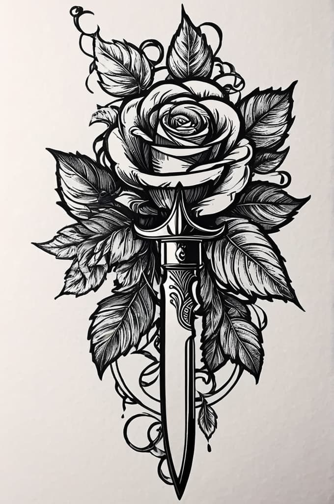  a rose with a knife going through it and vines rapping around the knife , (tattoo sketch:1.25), drawing