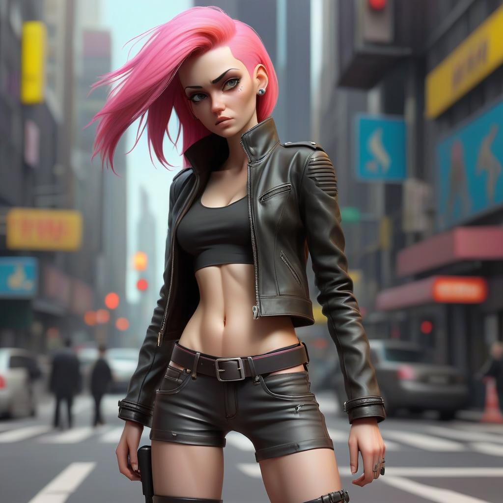  a young , extremely thin, thin , slender, extremely thin waist, exhausted by hunger, visible ribs, thin thin legs, wide hips, wide , medium , elastic , very long neon hair, straight back, looks straight, dressed in a leather jacket, small jacket, unzipped, without s, high s, skinny denim briefs with an unoned on and zipper, a pistol holster on the belt, in the middle of a pedestrian crossing, cyberpunk megapolis