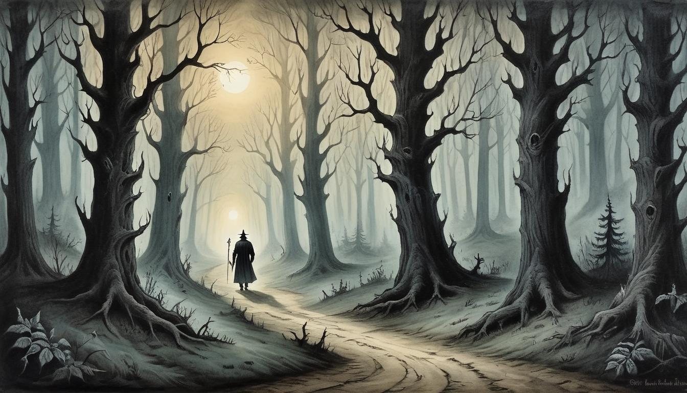  on parchment, surrealism+++, ominous forest path, shadowy figures in the distance, guiding light breaking through trees(mysterious, provocative, symbolic,muted color)+++