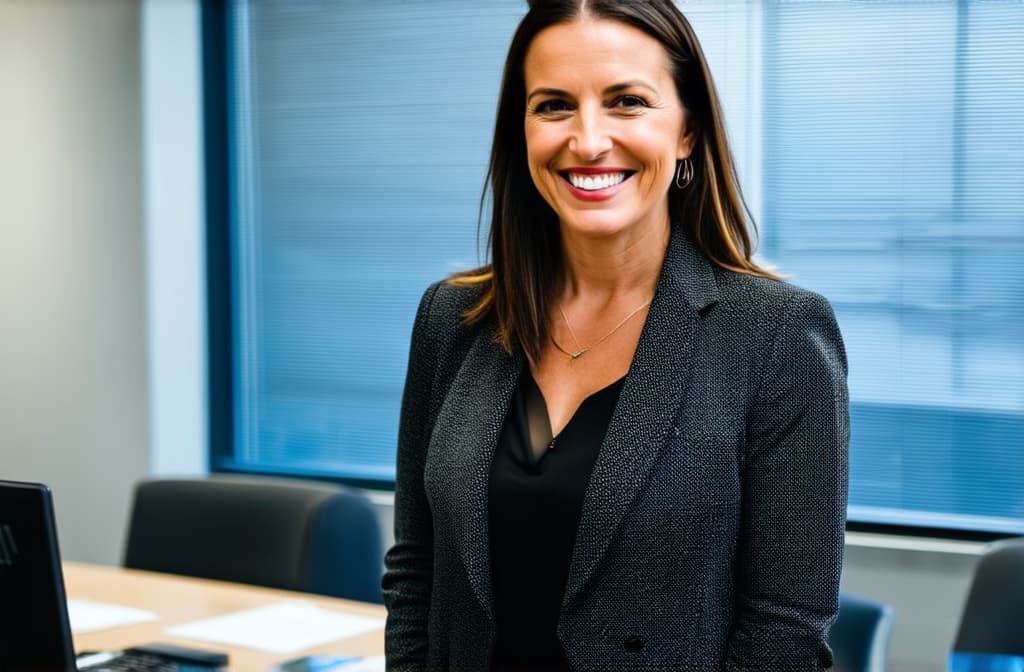  professional detailed photography, portrait of smiling businesswoman standing in open plan office. happy female professional executive manager, financial banking or marketing data. ar 3:2, (muted colors, dim colors, soothing tones), (vsco:0.3)