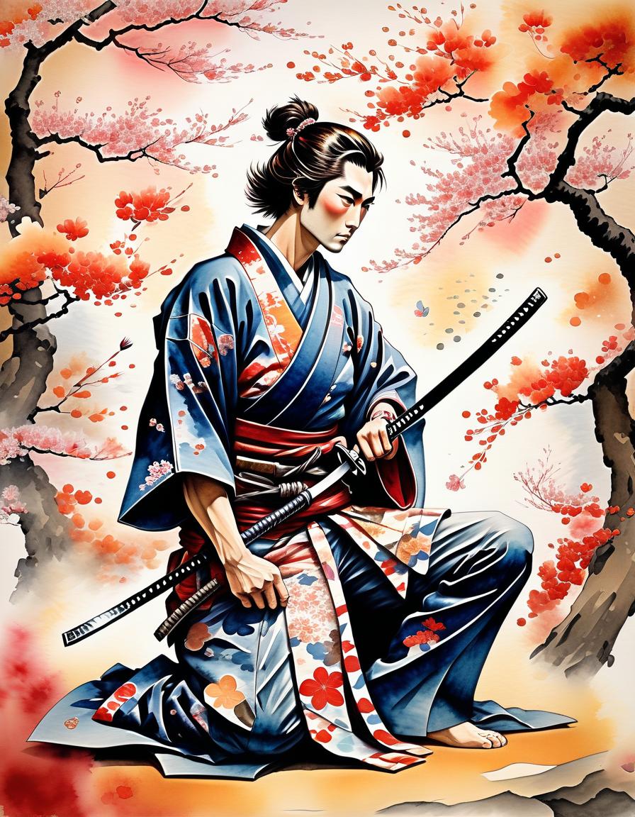  watercolor painting masterpiece. ancient japanese print.(samurai, with a katana at his belt, down on one knee giving a cherry blossom to a beloved in a beautiful kimono, around a whirlwind of autumn leaves:1.5). the style of ancient japanese prints . vibrant, beautiful, painterly, detailed, textural, artistic, perfecteyes