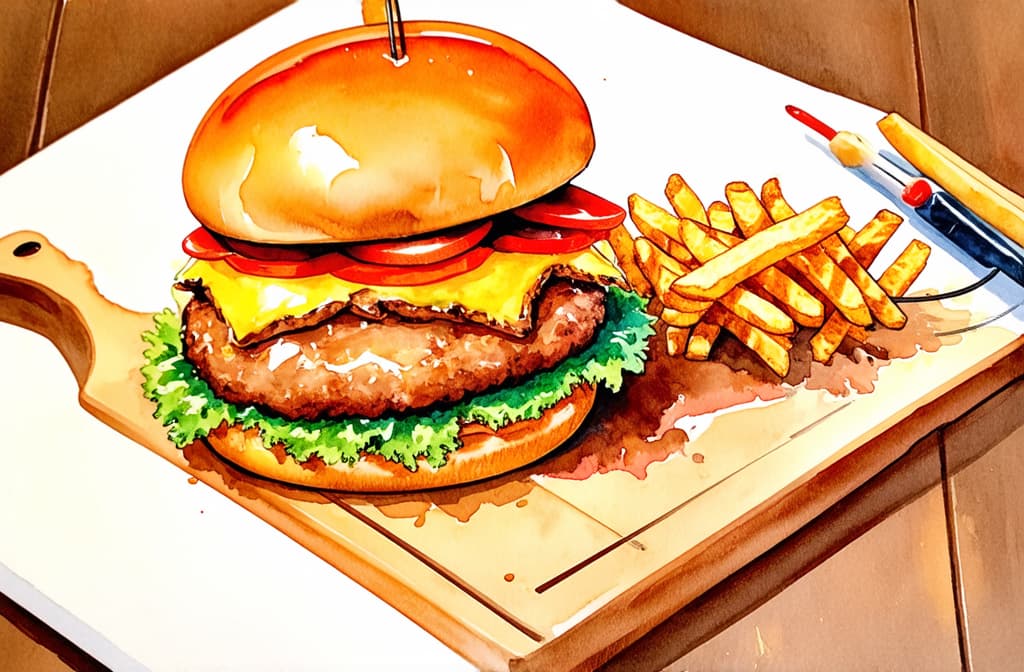  artwork fast food on a wooden board lies an appetizing burger with a skewer and french fries photo ar 16:9 ar 3:2, watercolor techniques, featuring fluid colors, subtle gradients, transparency associated with watercolor art