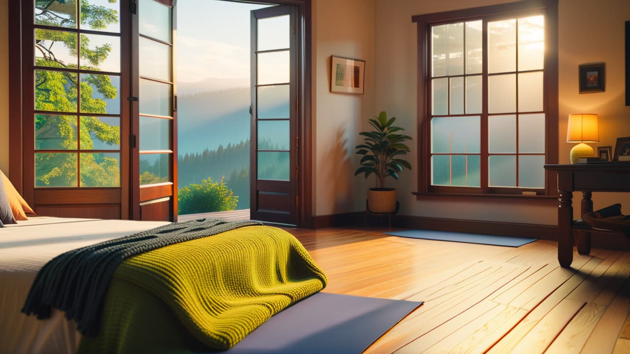  a serene morning scene featuring a sunlit bedroom with a cozy bed, an open window allowing fresh air, a yoga mat on the floor, a journal, and a steaming cup of tea on a nightstand. hyperrealistic, full body, detailed clothing, highly detailed, cinematic lighting, stunningly beautiful, intricate, sharp focus, f/1. 8, 85mm, (centered image composition), (professionally color graded), ((bright soft diffused light)), volumetric fog, trending on instagram, trending on tumblr, HDR 4K, 8K