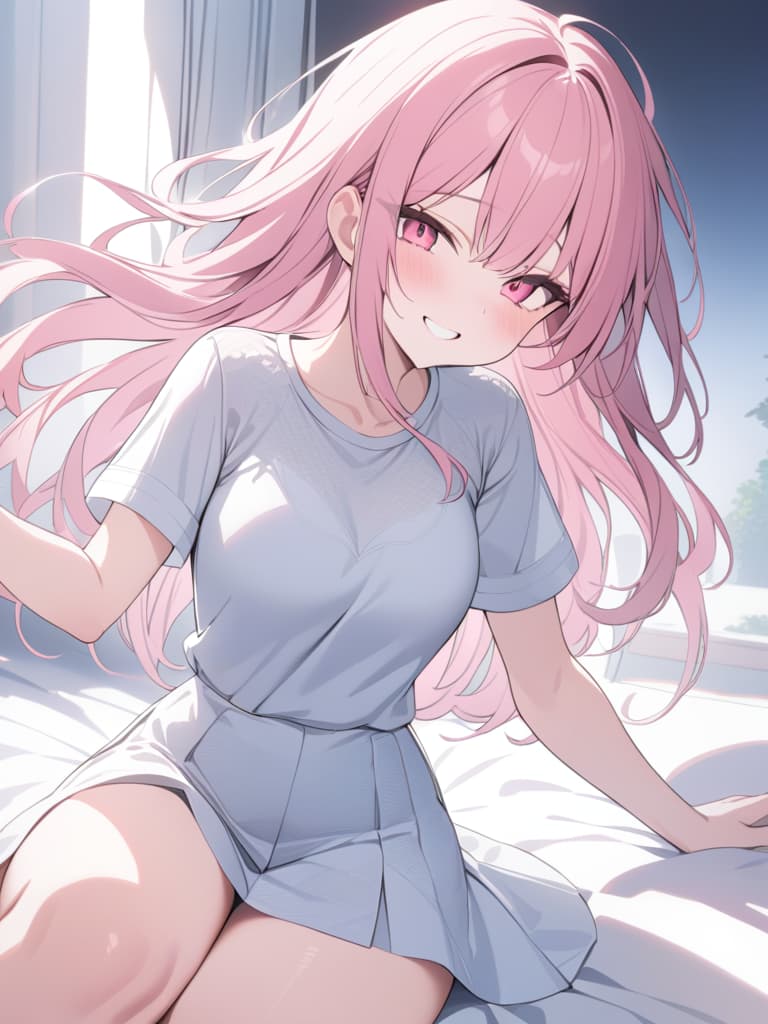  pink hair, smile, girl, long, shy, masterpiece, best quality,8k,ultra detailed,high resolution,an extremely delicate and beautiful,hyper detail