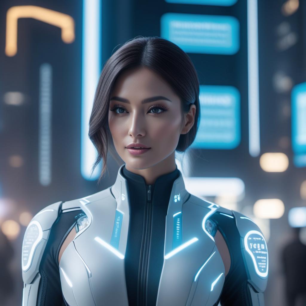  A creative and futuristic visualization of an AI assistant responding to a user's request with a text message displayed on a digital screen in a modern setting. hyperrealistic, full body, detailed clothing, highly detailed, cinematic lighting, stunningly beautiful, intricate, sharp focus, f/1. 8, 85mm, (centered image composition), (professionally color graded), ((bright soft diffused light)), volumetric fog, trending on instagram, trending on tumblr, HDR 4K, 8K