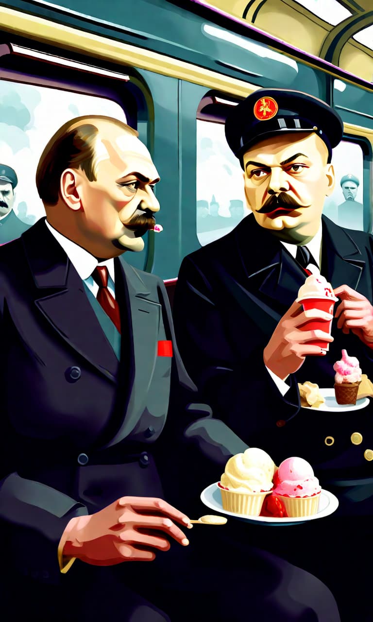  macabre style stalin and vladimir ilyich lenin in costumes of the early 20th century eat ice cream on the train. . dark, gothic, grim, haunting, highly detailed