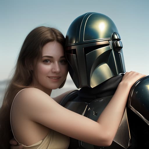  a mandalorian man and a girl stand next to him, hugging., photorealistic, hyperrealistic, hyperdetailed, analog style, demure, detailed skin, pores, smirk, smiling eyes, matte skin, soft lighting, subsurface scattering, realistic, heavy shadow, masterpiece, best quality, ultra realistic, 8k, golden ratio, intricate, high detail, film photography, soft focus