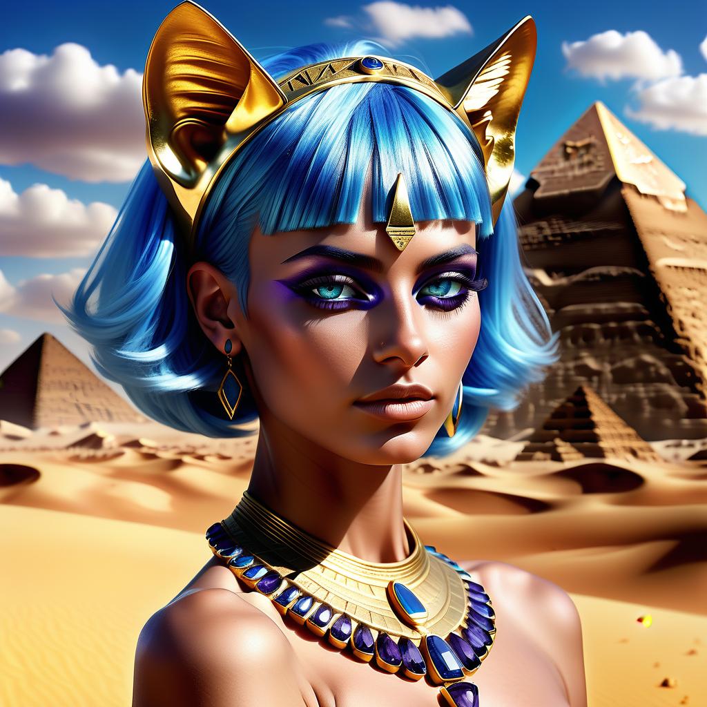  hyperrealistic art egyptian . madam. with blue hair. you should. gold rim decoration with golden cat ears. large amethyst in seridine jewelry. azure shiny eyes of the aimed at me. two gold celets on shoulders and hands. s. in the desert. bright blue sky. white clouds. maximum quality. body. . extremely high resolution details, photographic, realism pushed to extreme, fine texture, incredibly lifelike