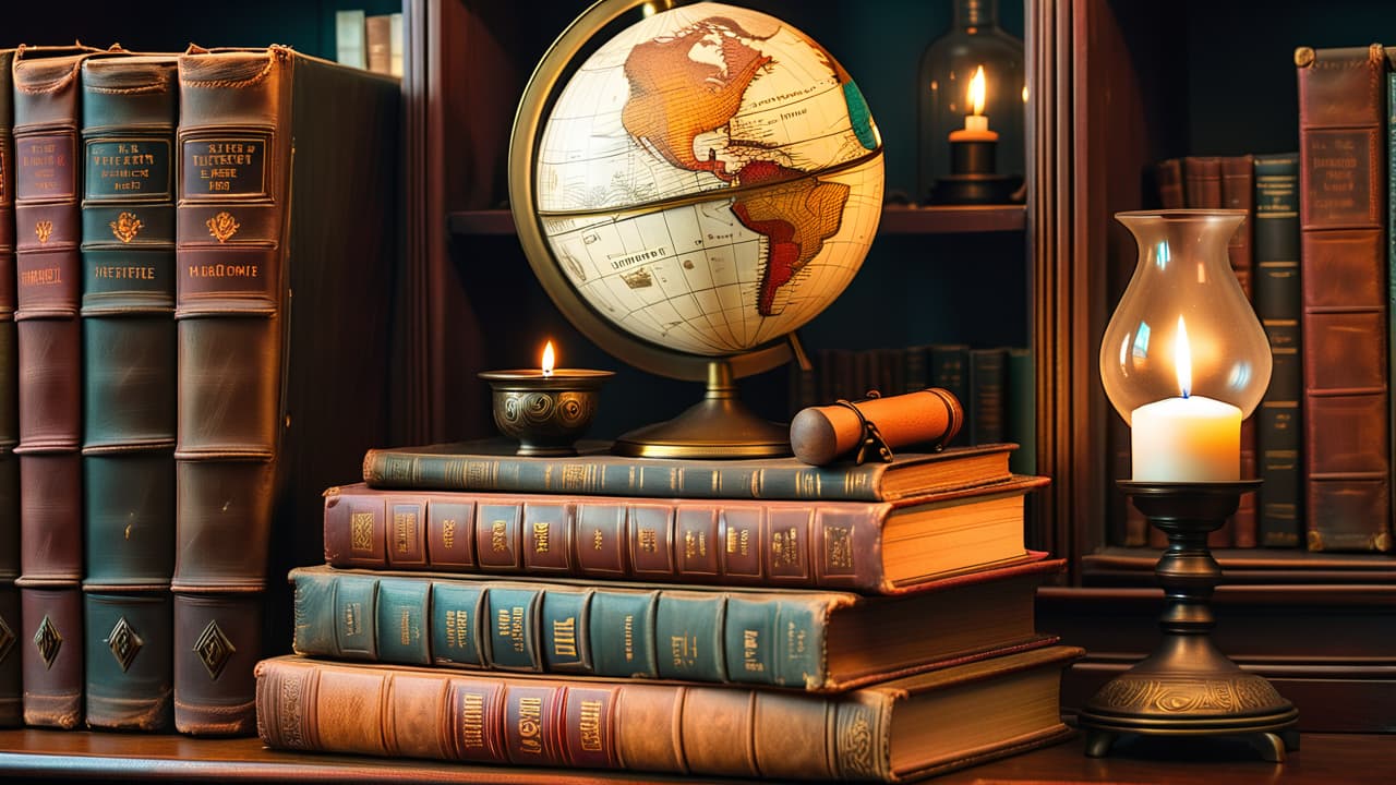  a vintage bookshelf filled with worn leather bound books, an antique quill and inkpot, a globe showing historical maps, sepia toned photographs, a candle casting a warm glow, and a clock with roman numerals. hyperrealistic, full body, detailed clothing, highly detailed, cinematic lighting, stunningly beautiful, intricate, sharp focus, f/1. 8, 85mm, (centered image composition), (professionally color graded), ((bright soft diffused light)), volumetric fog, trending on instagram, trending on tumblr, HDR 4K, 8K