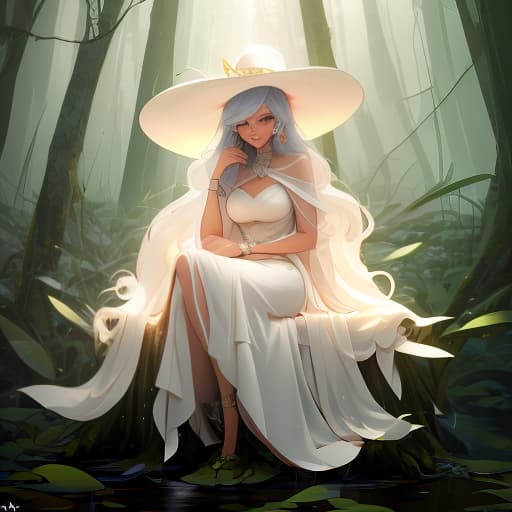  A six yea in a white dress and hat sits on an island amidst gr and fog in a dark forest and soaks her feet in a swamp with frogs. A brilliant sunlight falls on the . hyperrealistic, full body, detailed clothing, highly detailed, cinematic lighting, stunningly beautiful, intricate, sharp focus, f/1. 8, 85mm, (centered image composition), (professionally color graded), ((bright soft diffused light)), volumetric fog, trending on instagram, trending on tumblr, HDR 4K, 8K