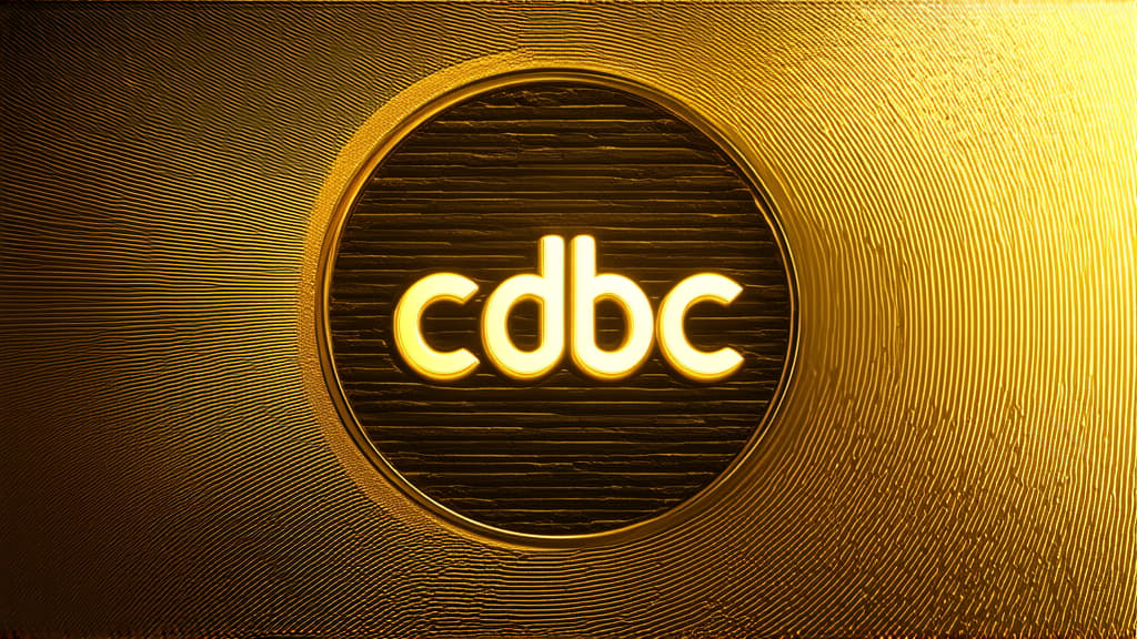  professional detailed photography, "cdbc" on metallic gold circle, on abstract digital glowing gold background ar 16:9, (muted colors, dim colors, soothing tones), (vsco:0.3)