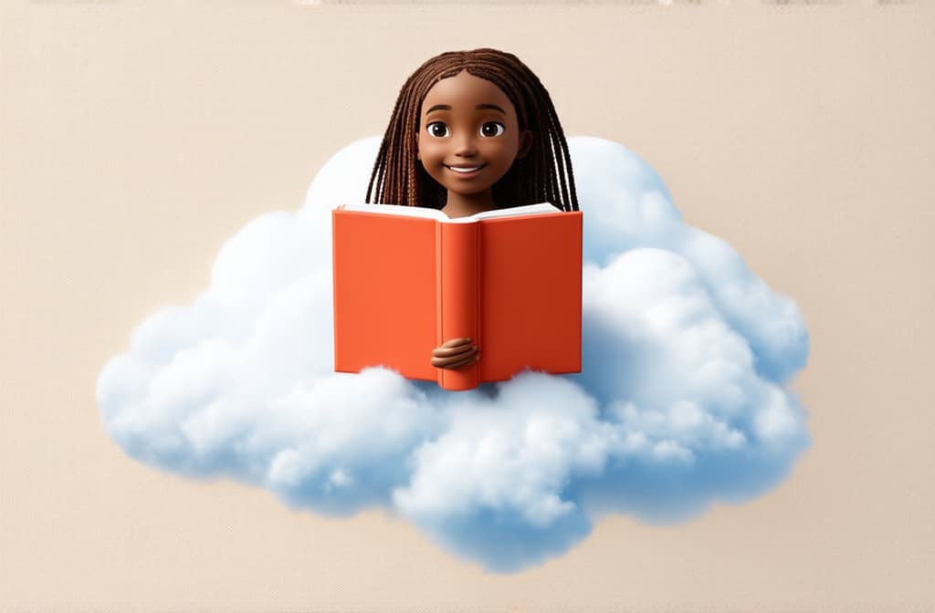  literary fan young african girl in the sky on a cloud reading a book. funny, abstract cartoon people on beige. 3d rendering. ar 3:2 {prompt}, maximum details