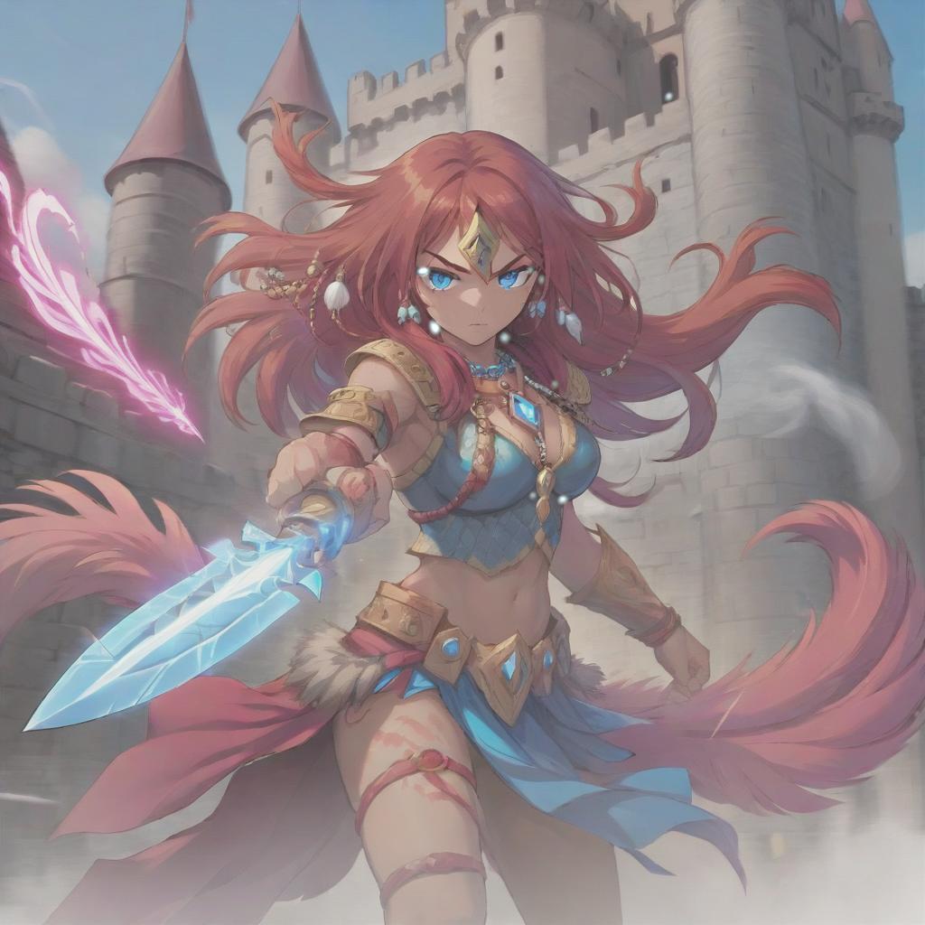  long exposure photo of portrait of strong rage amazonas warrior. blue eye. long red hair. tilting head down, magenta mantle, shoulder pad feather, accessory necklace with pearls on the forehead, against the background of the castle siege . blurred motion, streaks of light, surreal, dreamy, ghosting effect, highly detailed, sticker, hkmagic