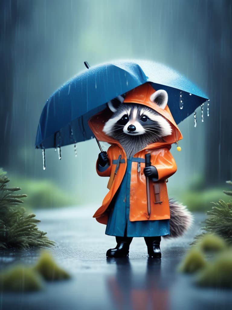  {((super cute raccoon dog in raincoat & boots,holding an umbrella))in a forest with heavy rain (blur effect)}super detailed,high resolution,absurd,adopted,