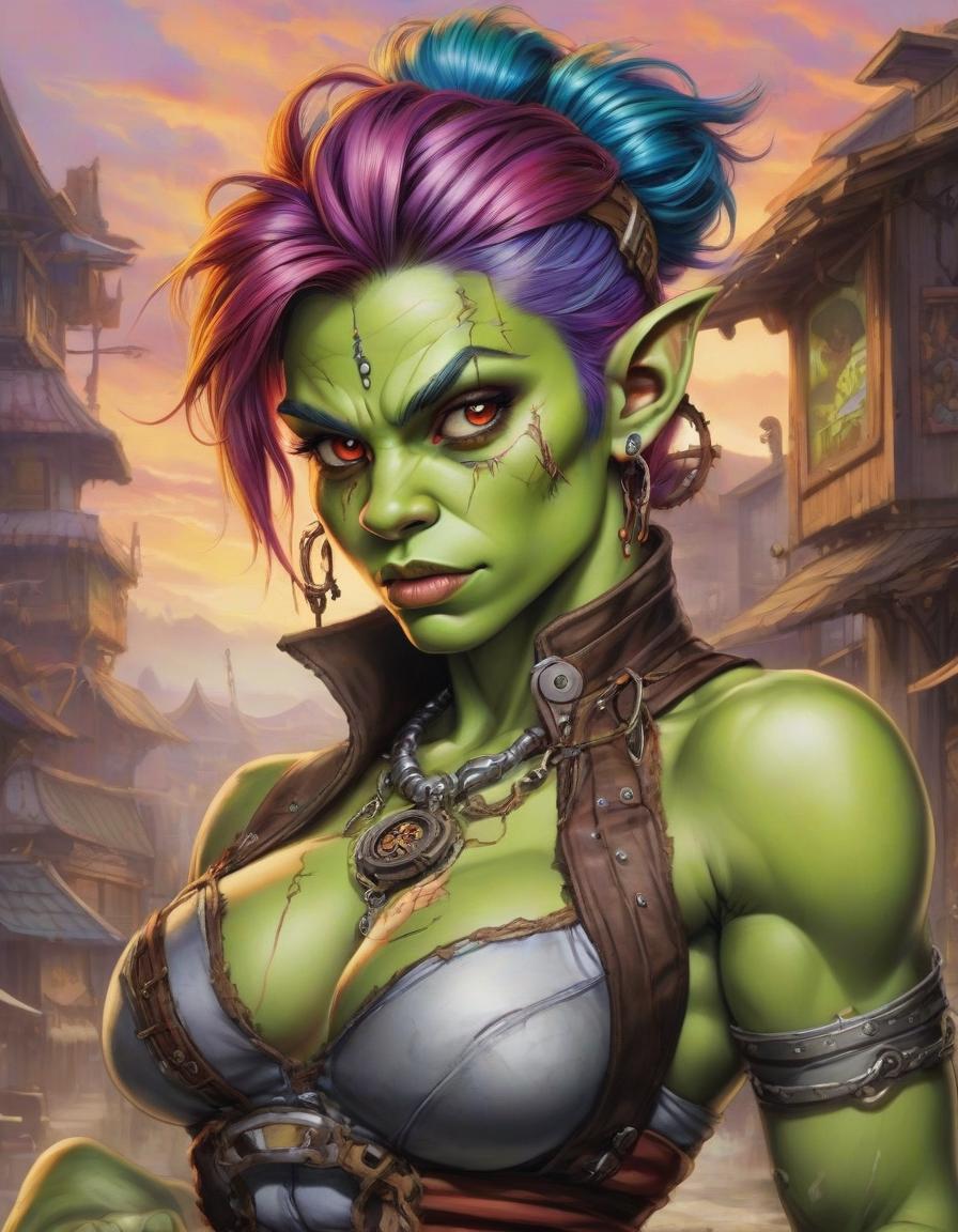  street fighter style an ultra realistic airbrushed image of an eccentrically beautiful young orc girl. in asitting position, she has pronounced multicolored hair, piercings, and a lot of steel steampunk jewelry. an orc town background . vibrant, dynamic, arcade, 2d fighting game, highly detailed, reminiscent of street fighter series