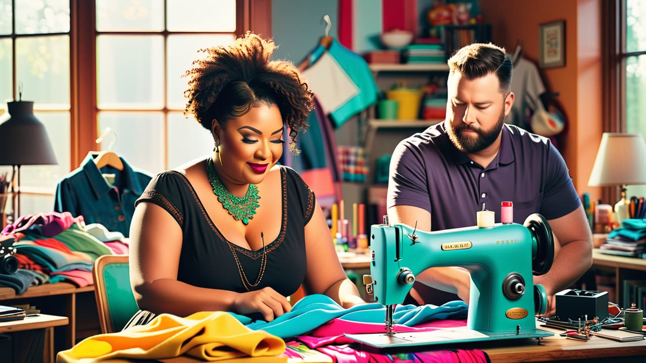  a vibrant scene of a creative workspace, featuring a colorful array of upcycled clothing, sewing tools, and a sewing machine, surrounded by joyful individuals transforming garments into stylish, unique pieces. hyperrealistic, full body, detailed clothing, highly detailed, cinematic lighting, stunningly beautiful, intricate, sharp focus, f/1. 8, 85mm, (centered image composition), (professionally color graded), ((bright soft diffused light)), volumetric fog, trending on instagram, trending on tumblr, HDR 4K, 8K