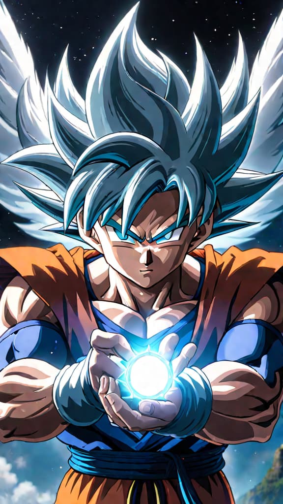  anime art: goku from dragon ball achieving ultra instinct rivaling angels under whis's training. hyperrealistic, full body, detailed clothing, highly detailed, cinematic lighting, stunningly beautiful, intricate, sharp focus, f/1. 8, 85mm, (centered image composition), (professionally color graded), ((bright soft diffused light)), volumetric fog, trending on instagram, trending on tumblr, HDR 4K, 8K