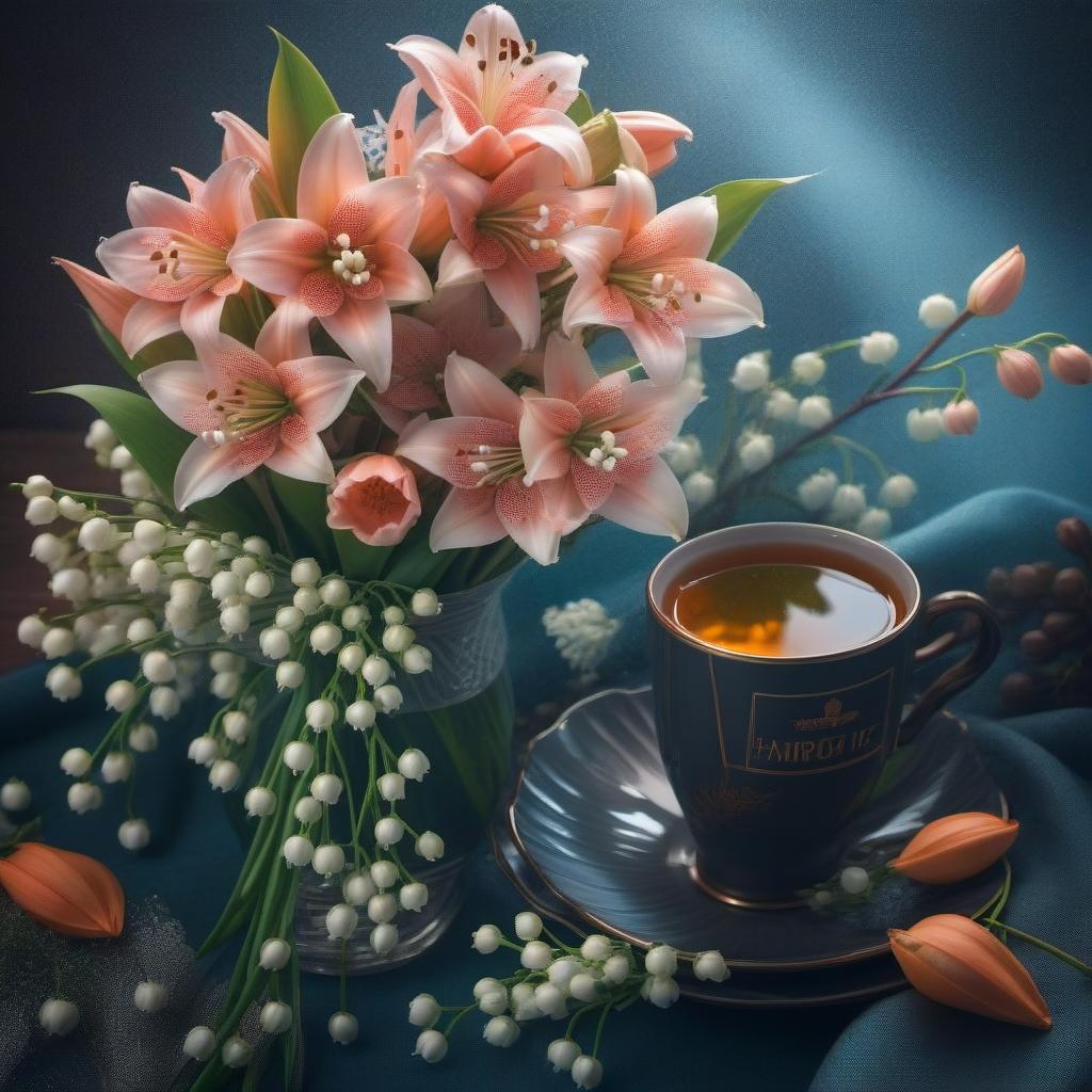  A cup of tea and a bouquet of lilies of the valley hyperrealistic, full body, detailed clothing, highly detailed, cinematic lighting, stunningly beautiful, intricate, sharp focus, f/1. 8, 85mm, (centered image composition), (professionally color graded), ((bright soft diffused light)), volumetric fog, trending on instagram, trending on tumblr, HDR 4K, 8K