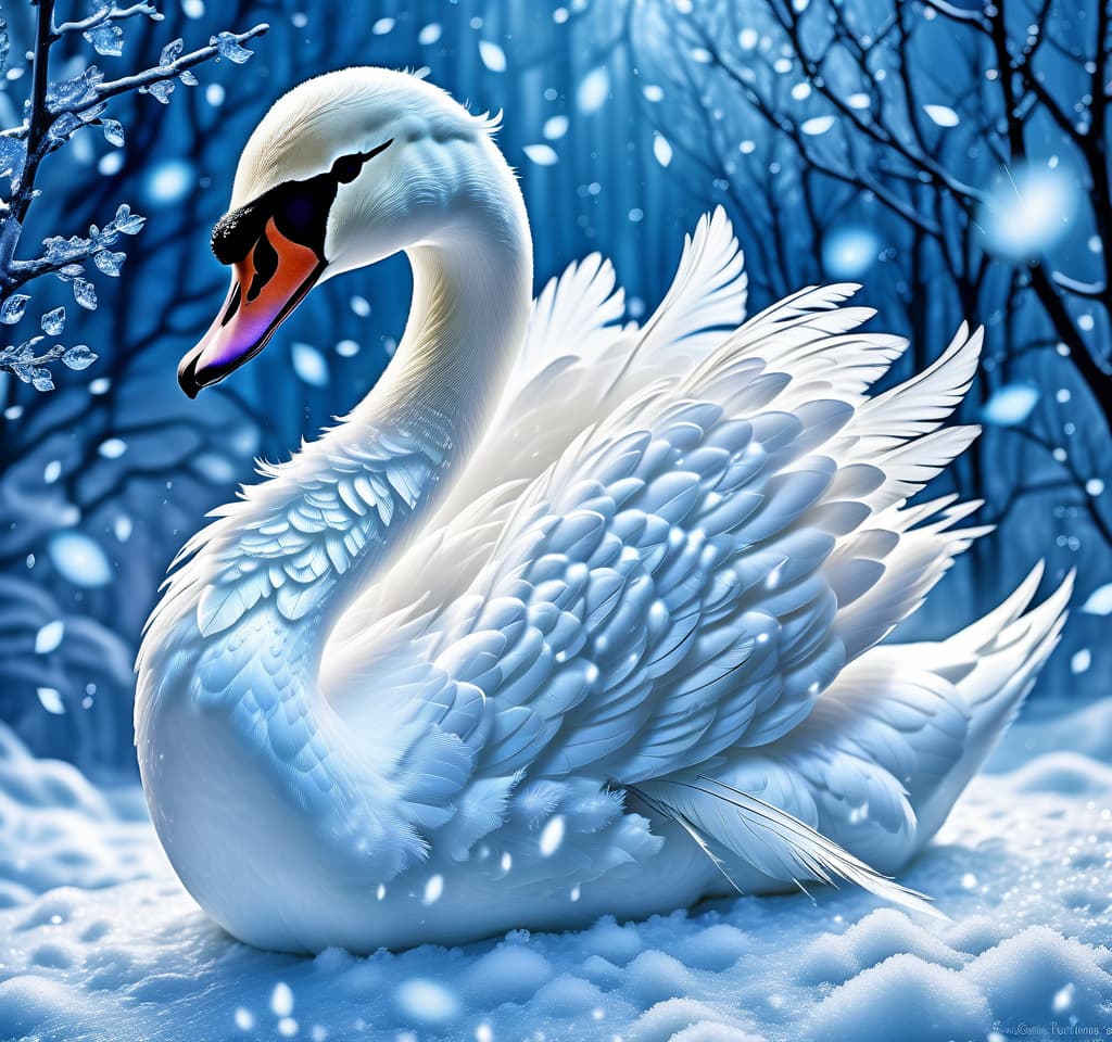  dreamscape thy name is (kiss the snow1,2) . ((key, (ice, blue1,6 sip)) ((blue eyed)) i've been jinxed ((snow singer1,8) . ((snow swan)) ((the snow swan)) feathers at my feet.( feathers flutter and slowly sink into the snow). (snow white swan): the head and body are creamy white with a silvery tint. wings of white blue colour from snowflakes (roses): light blue colour with leaves from ice crystals. background:soft blue with delicate patterns of falling snow and curls of blizzards, ice patterns on water.(style):fantasy, romantic art, silver age poetry, 19th century, dedication. . surreal, ethereal, dreamy, mysterious, fantasy, highly detailed, civitai, hkmagic