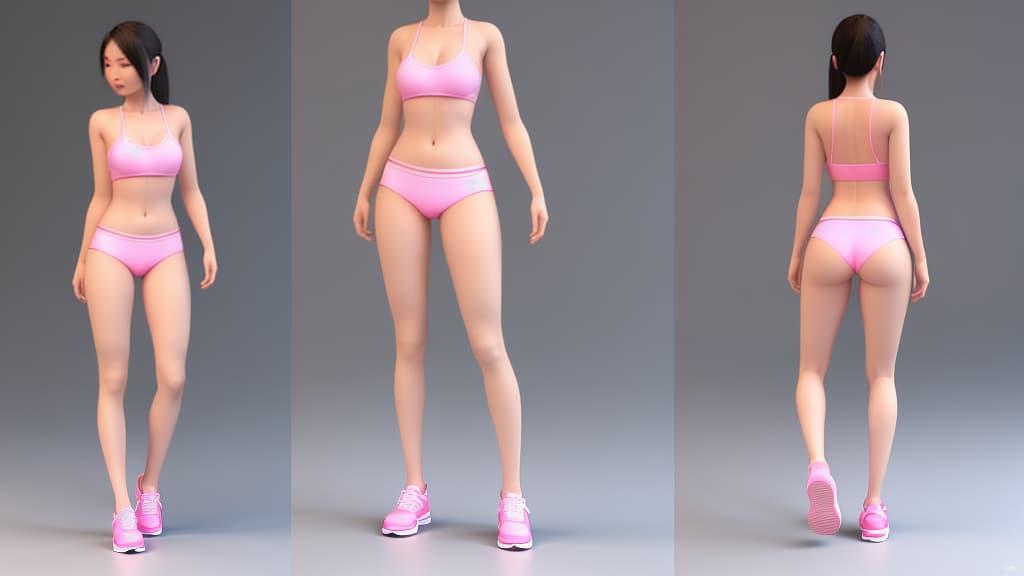  full-body 3D render of a Thai woman taking clothes off to reveal her underwear, white+pink color scheme