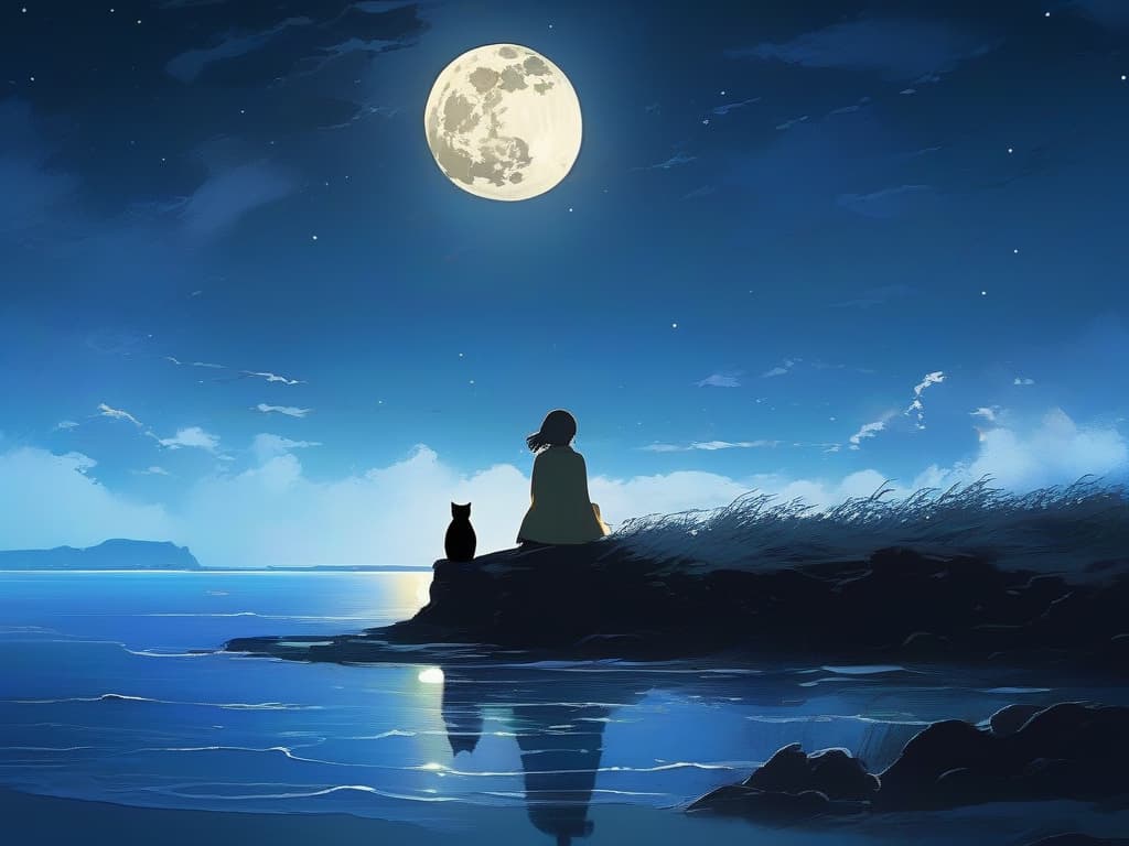  moonlit night, sea, one girl, small black cat, sitting, high place