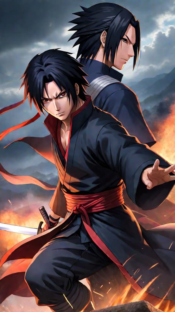  anime art: showdown of uchiha's might itachi vs. sasuke, but whose sharingan reigns supreme? hyperrealistic, full body, detailed clothing, highly detailed, cinematic lighting, stunningly beautiful, intricate, sharp focus, f/1. 8, 85mm, (centered image composition), (professionally color graded), ((bright soft diffused light)), volumetric fog, trending on instagram, trending on tumblr, HDR 4K, 8K