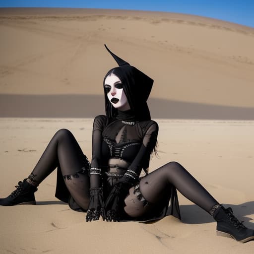  araffe sitting on the sand with her legs crossed and her leg up, killstar, goth girl, in desert, 1 7 - year - old goth girl, goth woman, dark goth queen, brutal black clothes, in a desert, standing in sand, witchcore clothes, black lipstick, grunge, goth punk clothes, goth girl aesthetic, on a beach