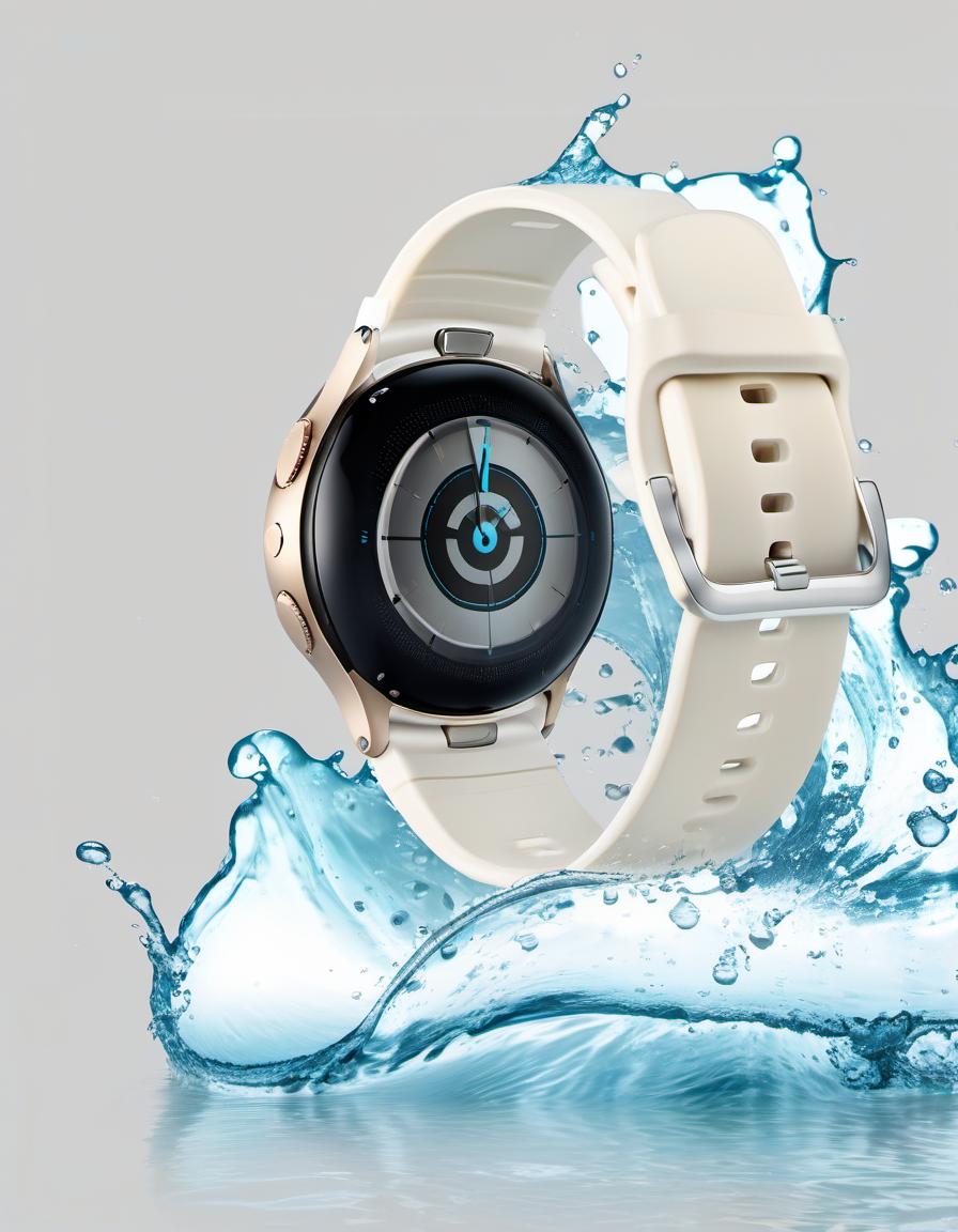  around the smart watch splashing water, light background, film photography style