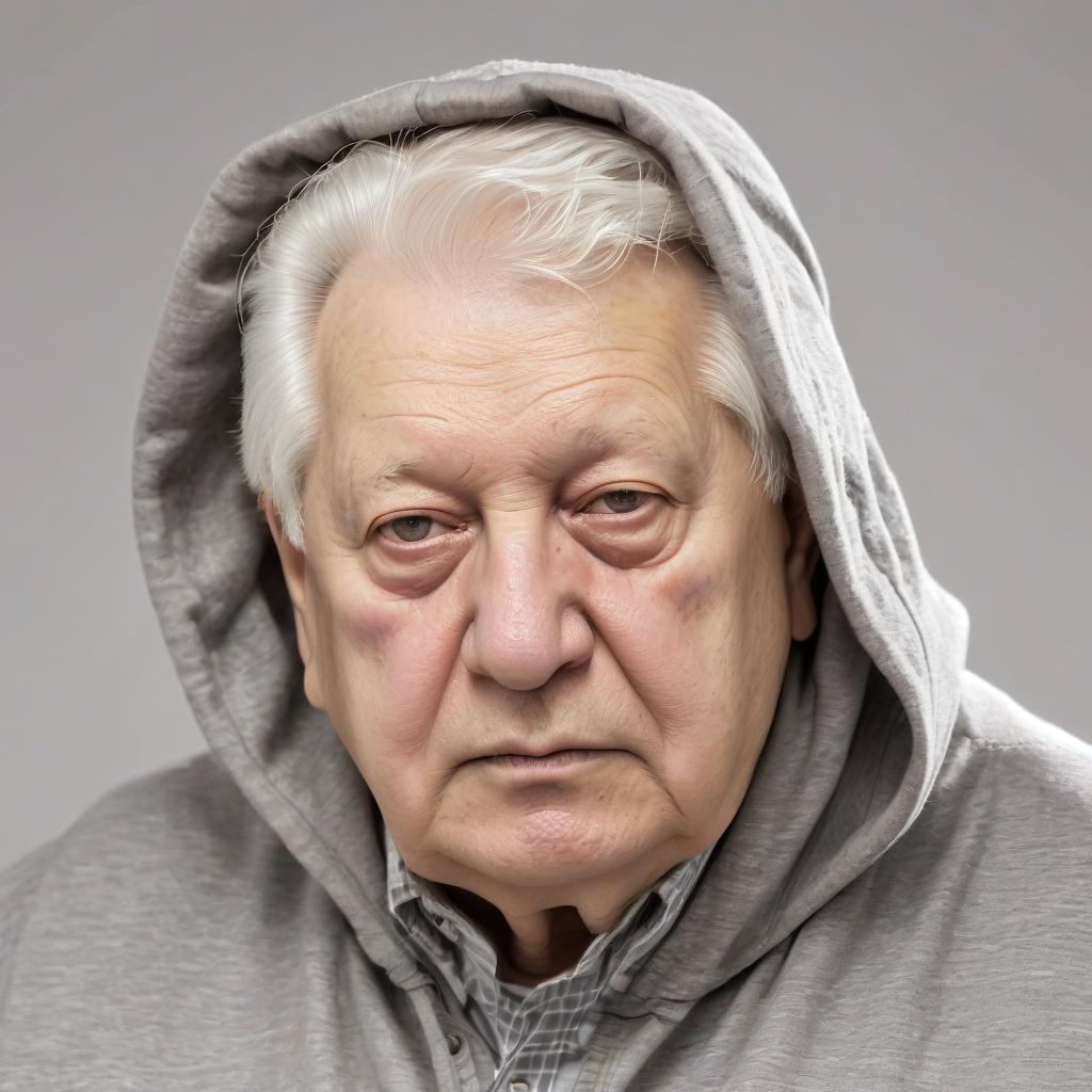  old yeltsin in a hood on a white background, hkmagic