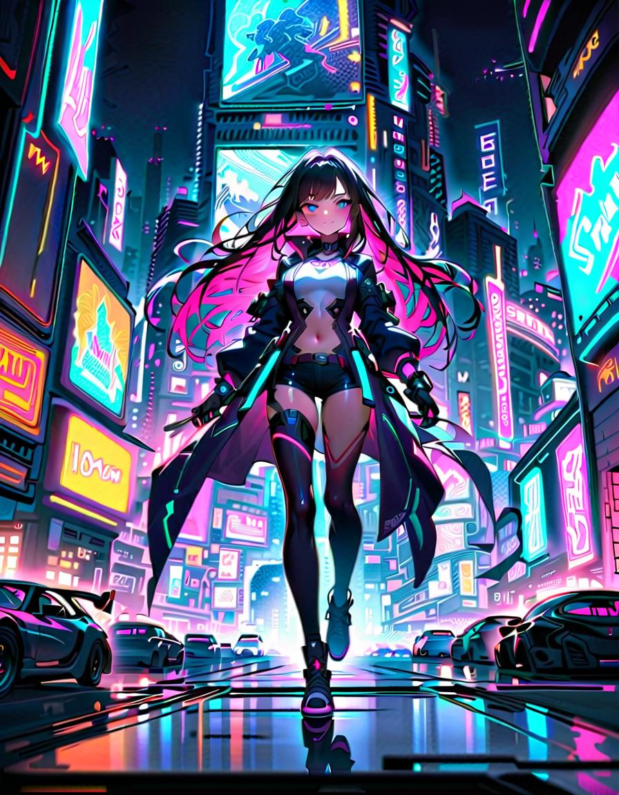  attractive male, holding a weapon, in motion, confident, break aesthetic, cyberpunk, neon cityscape, neon lit street, graffiti, futuristic cars, neon signs, holograms, break vibrant and dynamic, colorful, energetic, futuristic, neon effects, art by mooncryptowow