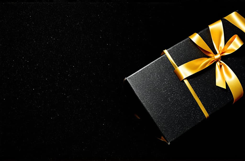  black friday gifts in black boxes with gold ribbons on a black background, copyspace for text ar 3:2 {prompt}, maximum details