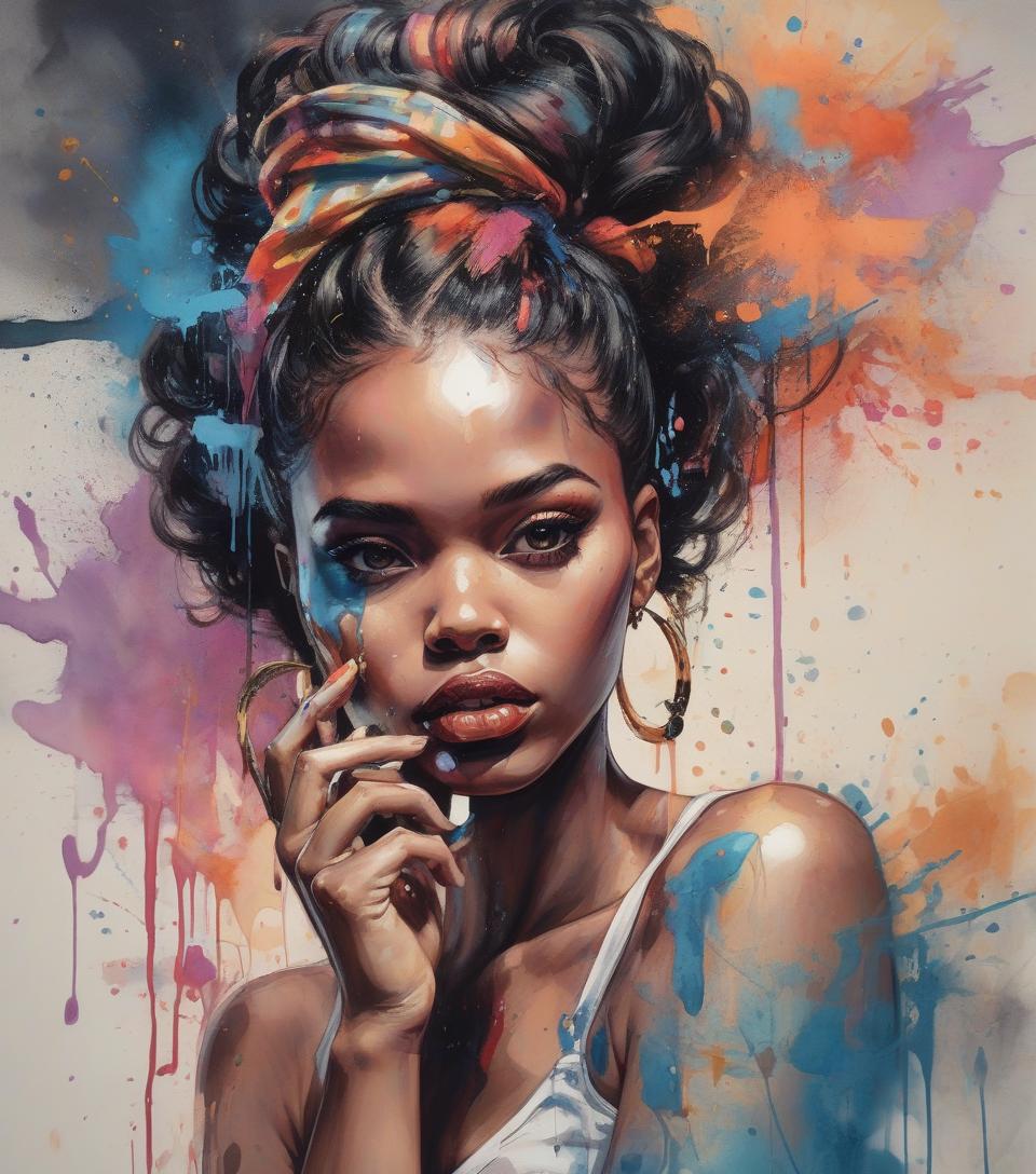  beautiful black women paintings, pretty much beautiful face, hip hop, soulful, avant garde, queen of the streets, check it out, ultra detailed paintings inspired by wlop, art station trends, fantasy art, a complicated mess, the art of hitting, wallop art, wlop |, wallop style, beautiful character drawings, wlop painting style, wlop | germ of art, unparalleled beauty tumbler, figurative art, intense watercolor, watercolor detailed art, watercolor splash, surreal, avant garde pop art, beautiful and expressive paintings, beautiful artwork illustration, very colorful tones, wonderful, cool beauty, masterpiece, highest quality, official art, women only, sharp outline, best shot, vector art, written by sandra chevrier, dave mckean、by richard av