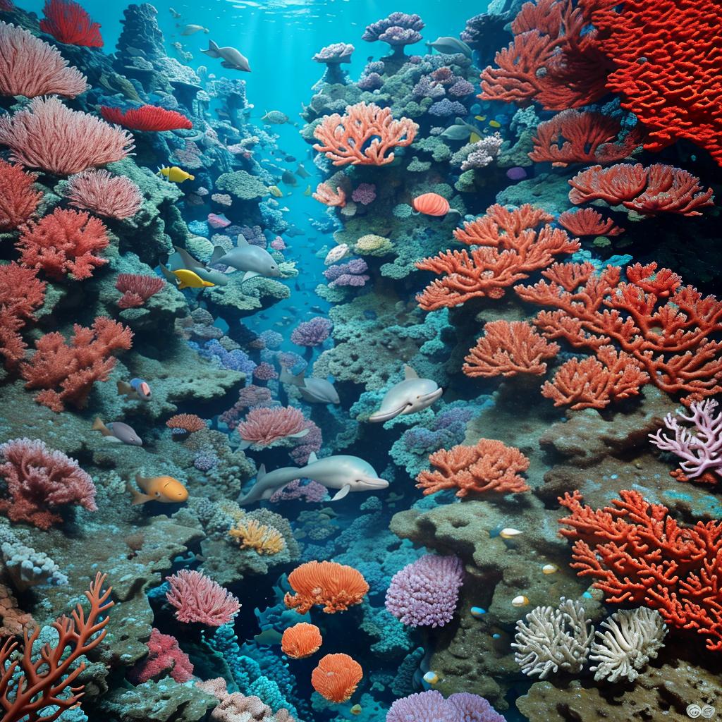  masterpiece, best quality, the beautiful deep sea is full of corals, diverse marine life and charming underwater landscapes, including corals, extremities, small fish, anemones, dolphins, various algae, caves, colorful, 8k resolution and complex details.