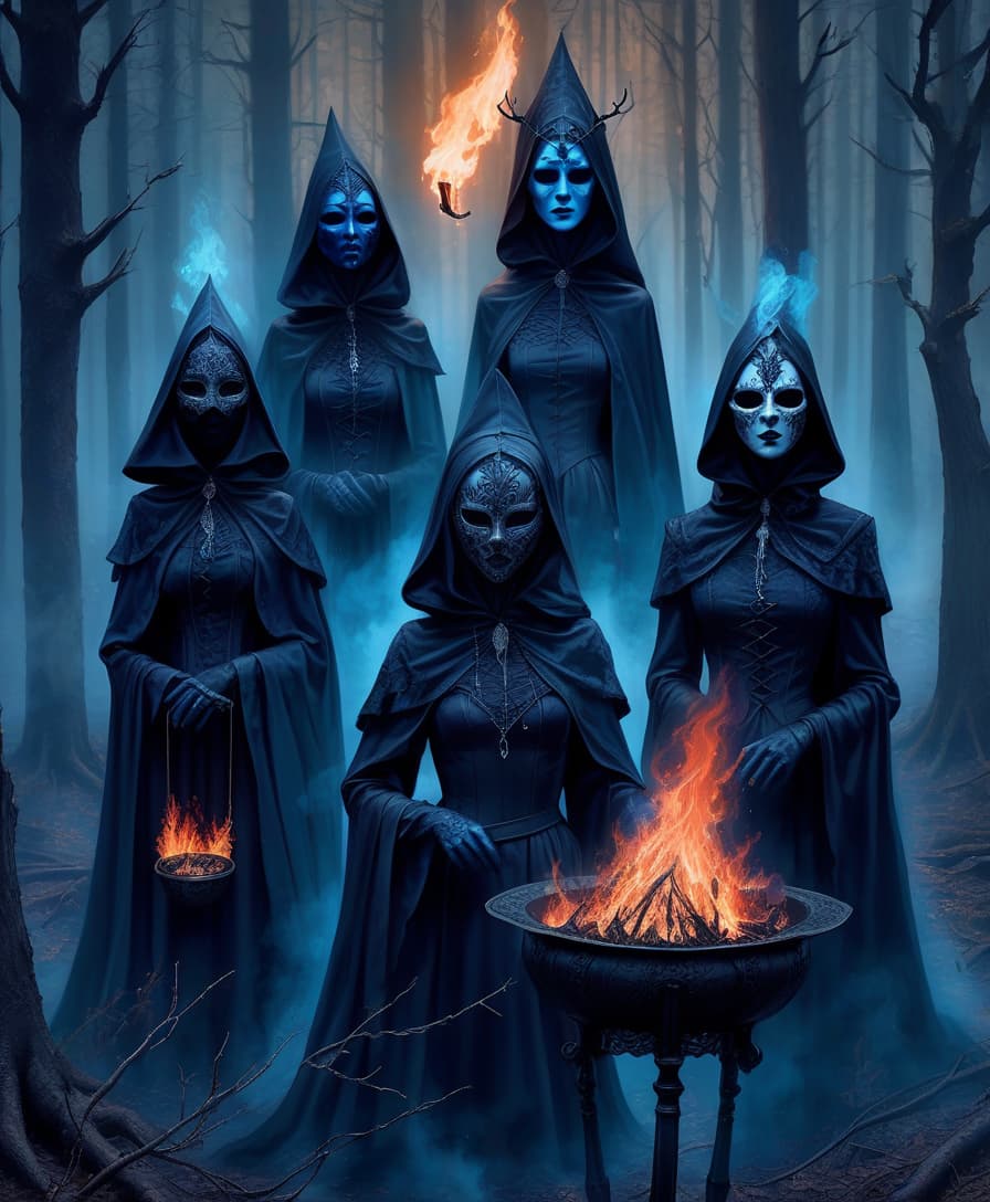  gothic style coven of witches. black masks on their faces. big blue fire. forest edge . dark, mysterious, haunting, dramatic, ornate, detailed