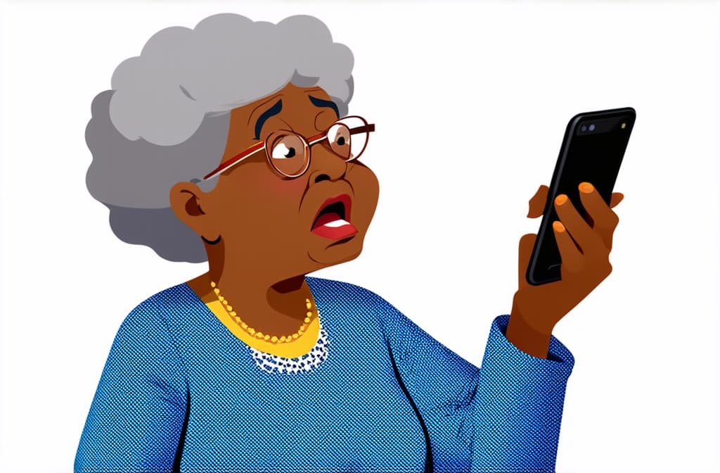  shocked surprised senior black woman using smartphone isolated on white background, funny cartoon illustration ar 3:2 {prompt}, maximum details