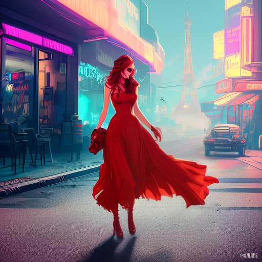 nvinkpunk beautiful girl, red hair, summer dress, walking on paris street hyperrealistic, full body, detailed clothing, highly detailed, cinematic lighting, stunningly beautiful, intricate, sharp focus, f/1. 8, 85mm, (centered image composition), (professionally color graded), ((bright soft diffused light)), volumetric fog, trending on instagram, trending on tumblr, HDR 4K, 8K