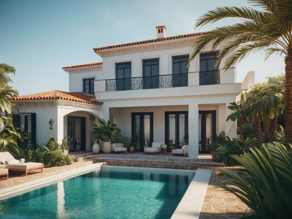  beautiful contemporary mediterranean villa with tropical garden and pool hyperrealistic, full body, detailed clothing, highly detailed, cinematic lighting, stunningly beautiful, intricate, sharp focus, f/1. 8, 85mm, (centered image composition), (professionally color graded), ((bright soft diffused light)), volumetric fog, trending on instagram, trending on tumblr, HDR 4K, 8K