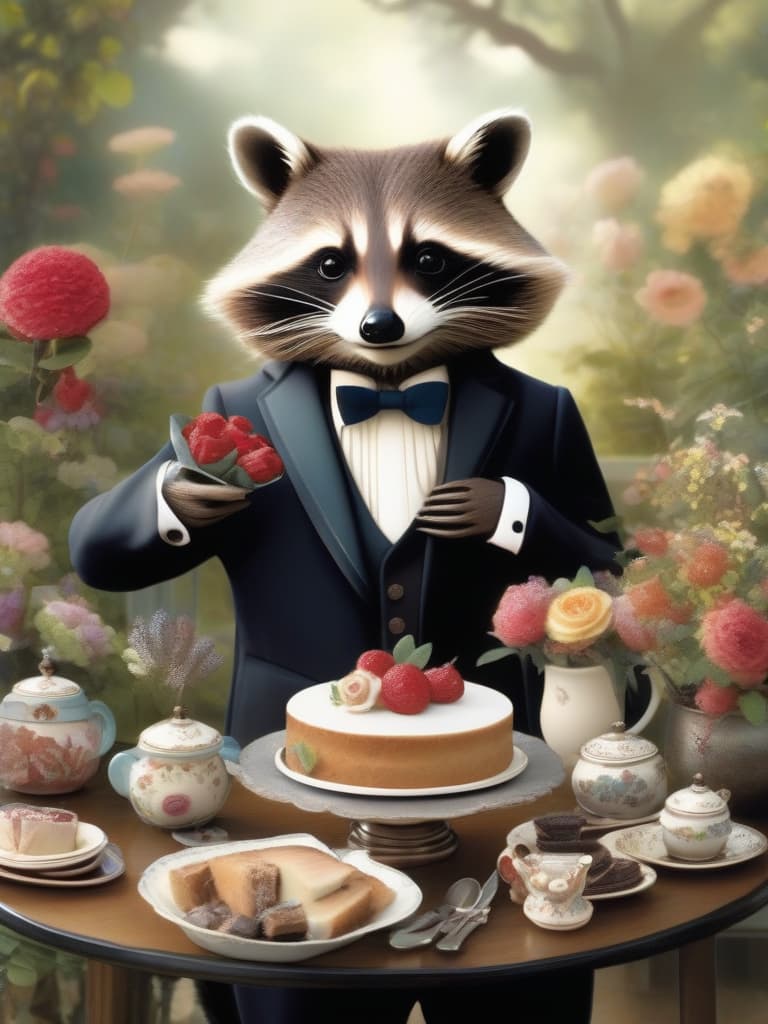  (wearing tuxedo,super cute raccoon butler: 1.4),garden with roses in bloom,garden table,afternoon tea stand,(super cute raccoon butler serving),