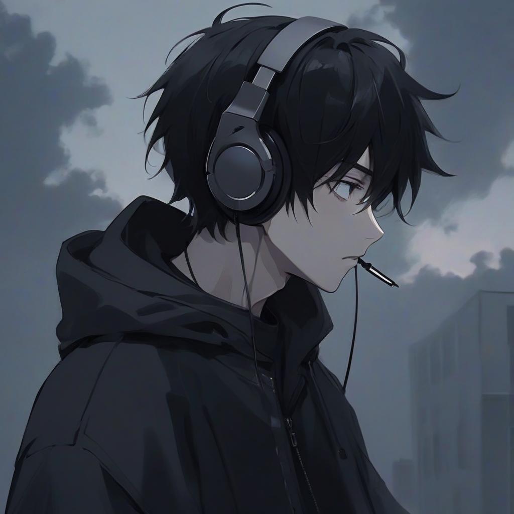  a man with headphones, anime drawing inspired by yamagata hiro, trending on pixiv, serial art, a handsome man with short black hair looking at a clear sky, in baggy clothes, discord profile photo