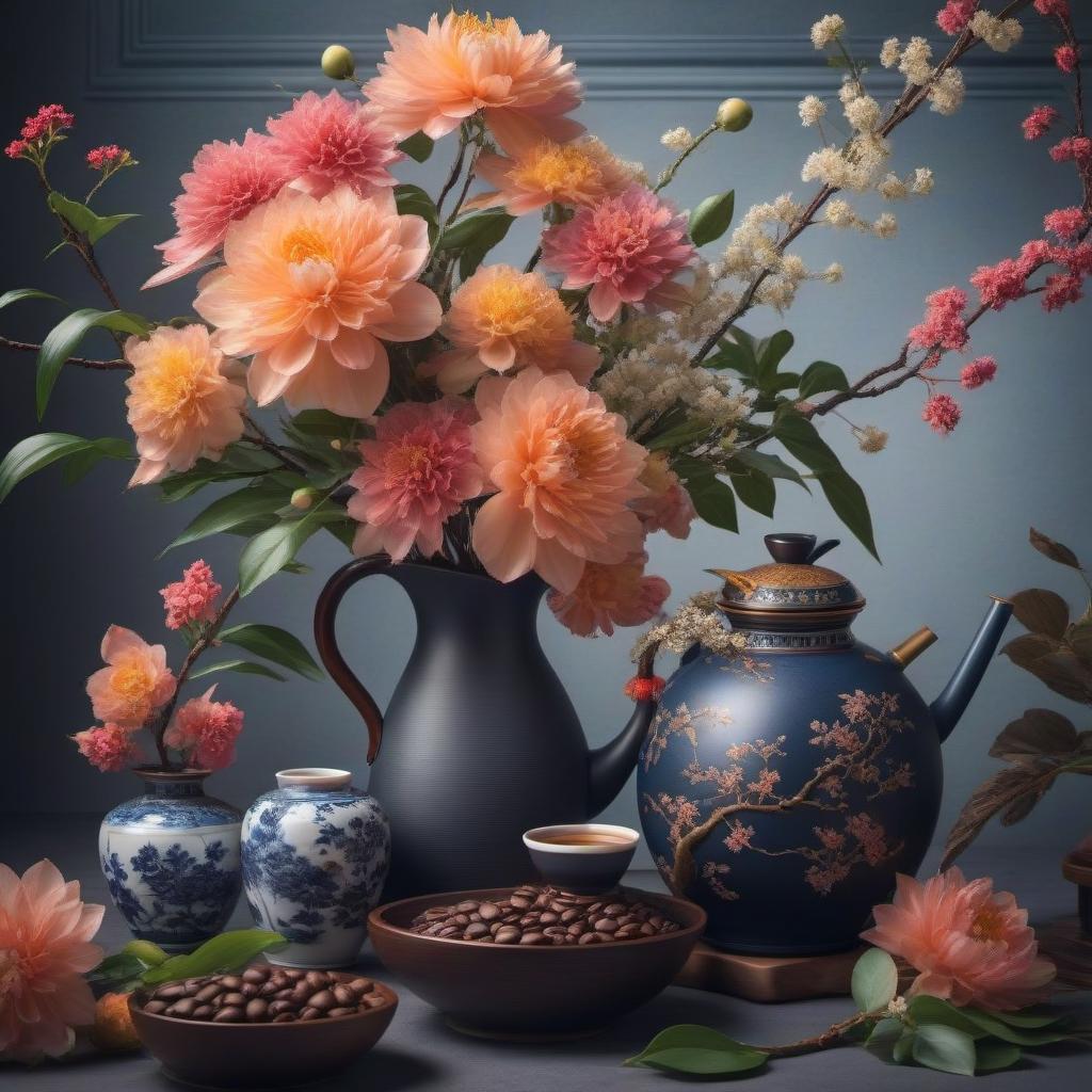  Ikebana with a porcelain coffee pot hyperrealistic, full body, detailed clothing, highly detailed, cinematic lighting, stunningly beautiful, intricate, sharp focus, f/1. 8, 85mm, (centered image composition), (professionally color graded), ((bright soft diffused light)), volumetric fog, trending on instagram, trending on tumblr, HDR 4K, 8K