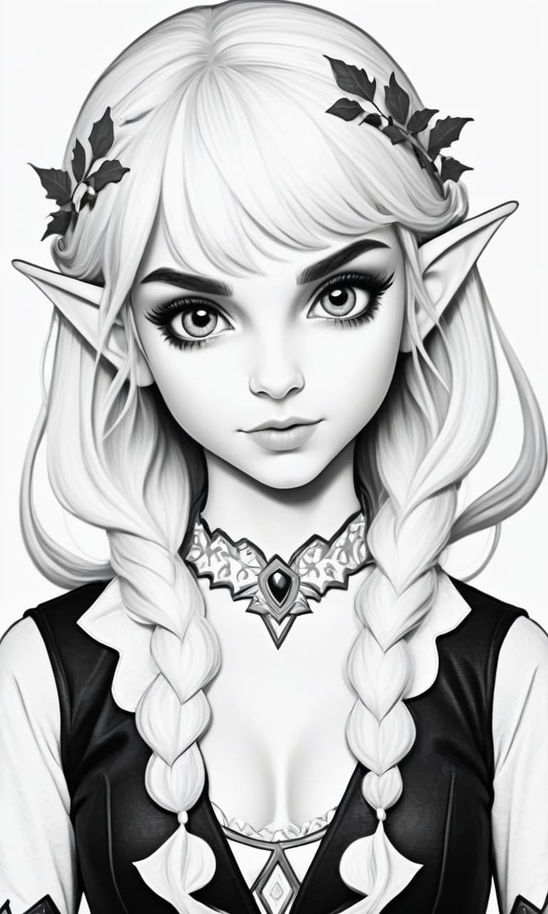  create a black and white coloring of the girl elf to the waist without a background