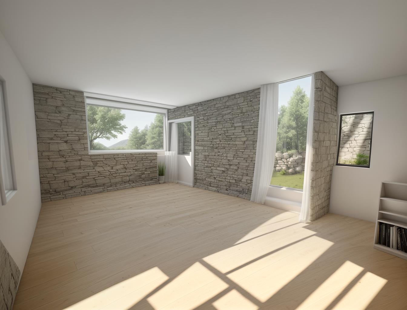  create a photorealistic image of a minimalist room with a stone wall and a large window. the stone wall should add texture and depth to the clean, modern design, while the window brings in natural light, enhancing the room's airy feel.