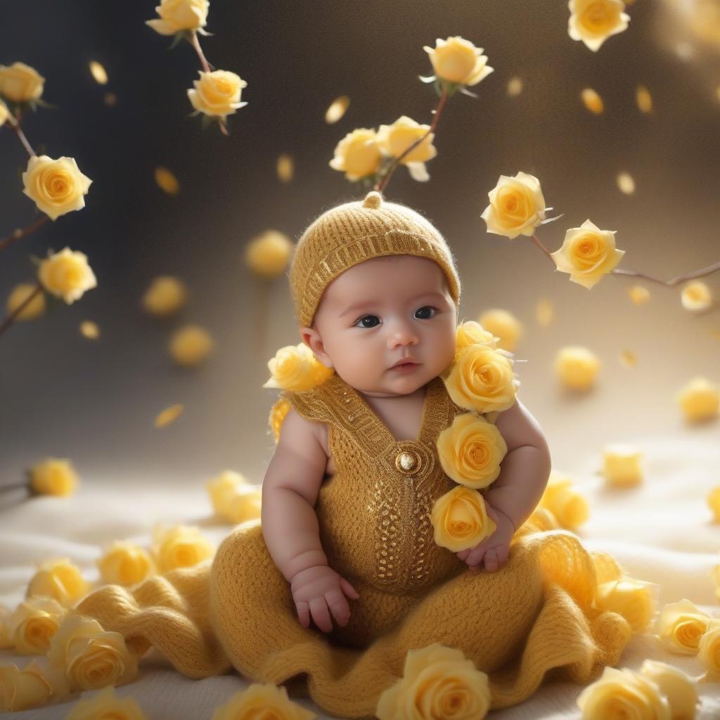  Knitted wool infant, yellow roses, gold brocade background, realistic color photo hyperrealistic, full body, detailed clothing, highly detailed, cinematic lighting, stunningly beautiful, intricate, sharp focus, f/1. 8, 85mm, (centered image composition), (professionally color graded), ((bright soft diffused light)), volumetric fog, trending on instagram, trending on tumblr, HDR 4K, 8K