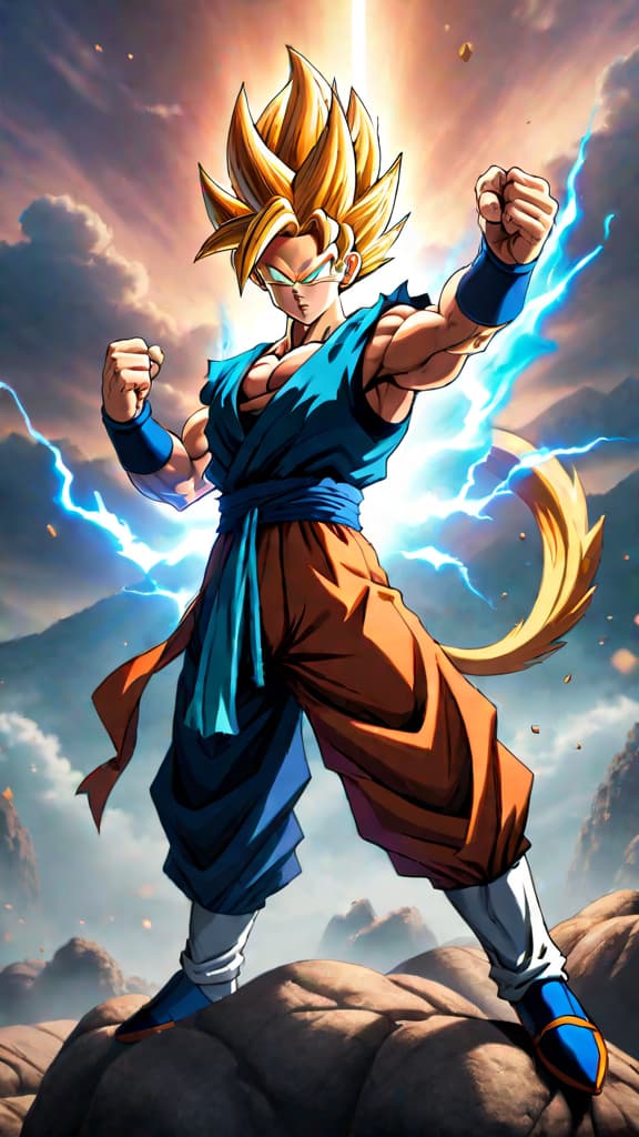  an anime art of gogeta and vegito showcasing their unique powers and fighting styles. hyperrealistic, full body, detailed clothing, highly detailed, cinematic lighting, stunningly beautiful, intricate, sharp focus, f/1. 8, 85mm, (centered image composition), (professionally color graded), ((bright soft diffused light)), volumetric fog, trending on instagram, trending on tumblr, HDR 4K, 8K