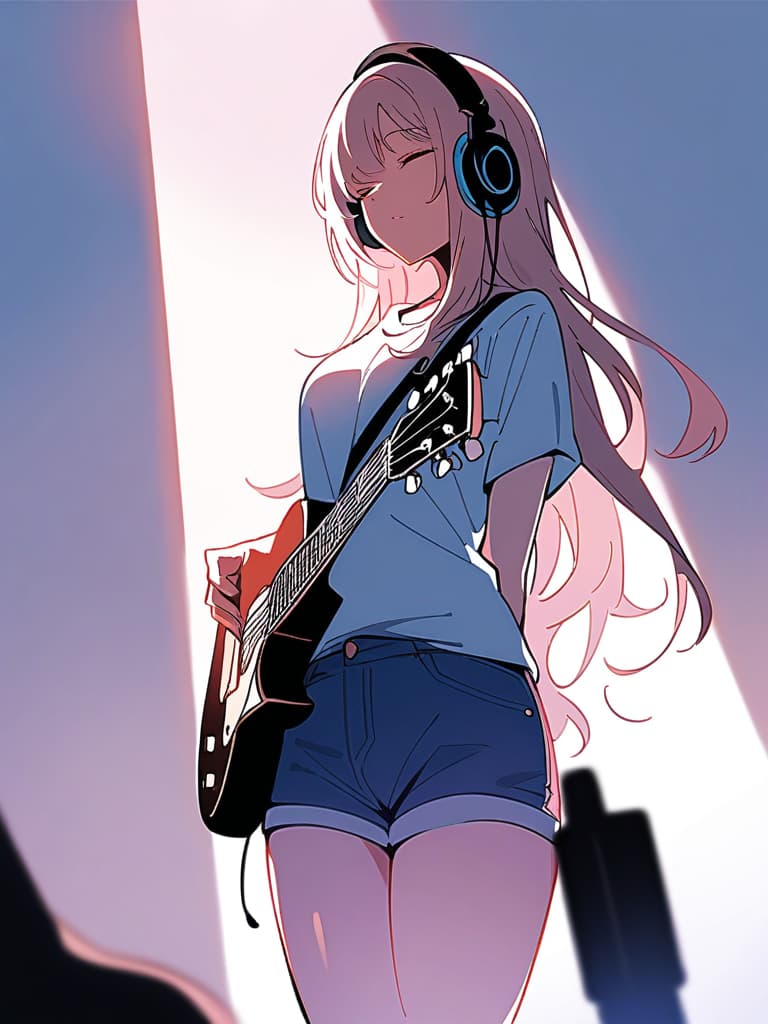  (white background:1.3),(extremely detailed fine touch:1.3),(hard light,studio light,light rays,dappled light,reflection,shadows,ray tracing:1.0),///,,green very long hair,headphone,forehead,having a bird's eye view,anime style,super fine ilration,highly detailed,dynamic angle,beautiful detailed,8k,on stage break a woman,(((headphone:1.3))),on both ,strumming an electric guitar. she arches her back,closes her eyes and looks joyful. break a spotlight shines on her,(t shirt:1.3),(denim shorts:1.3),(black les paul custom:1.3)