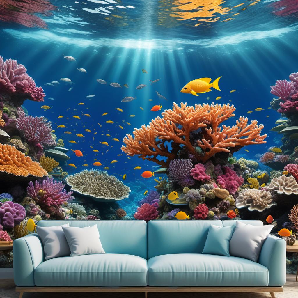  A vibrant and colorful underwater scene featuring a coral reef teeming with diverse marine life. The water is clear and blue with sunlight streaming through the surface. Various colorful fish swim among the corals, alongside sea turtles, dolphins, and other marine creatures. The corals are bright and varied, creating a lively and dynamic underwater paradise. hyperrealistic, full body, detailed clothing, highly detailed, cinematic lighting, stunningly beautiful, intricate, sharp focus, f/1. 8, 85mm, (centered image composition), (professionally color graded), ((bright soft diffused light)), volumetric fog, trending on instagram, trending on tumblr, HDR 4K, 8K