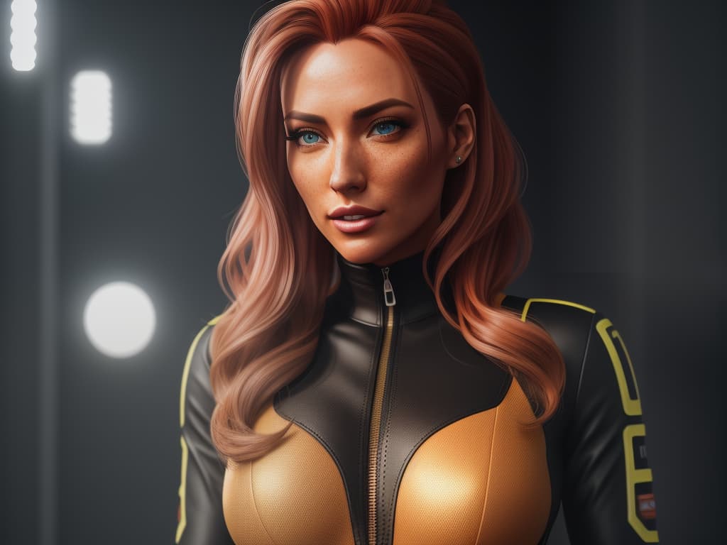  Art by Artgerm ,Greg Rutkowski, full body portrait, beautiful young female, strawberry blond hair, tan skin, freckles, highlights in eyes , racer , (racer girl), wearing jumpsuit, wearing gloves, instagram,((detailed face)), (detailed pupils:1.3), luminous effects, highest detailed, floating particles, Smooth focus, proportions, 16k resolution, ultra realistic, red and yellow hyperrealistic, full body, detailed clothing, highly detailed, cinematic lighting, stunningly beautiful, intricate, sharp focus, f/1. 8, 85mm, (centered image composition), (professionally color graded), ((bright soft diffused light)), volumetric fog, trending on instagram, trending on tumblr, HDR 4K, 8K